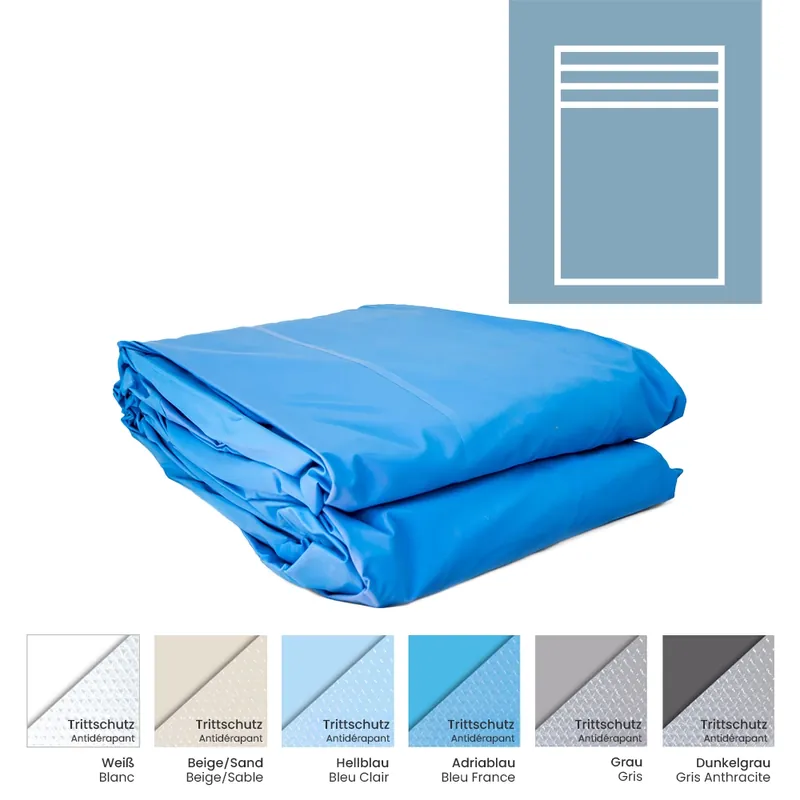 Poolfolie rechteckig für Styroporpool 350 x 350 x 120 cm mit Stufen über die ganze Breite, 0,80 mm, blau Geprüft