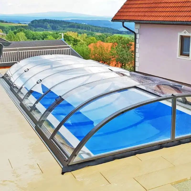 Ausverkauf Poolüberdachung vormontiert, 854 x 430 x 88 cm, mit Schiebetür, COMPACT clear