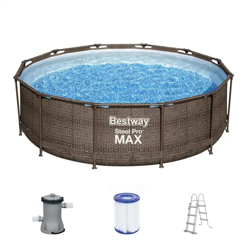 Nur Heute Bestway Swimming Pool Ø 366 x 100 cm Steel Pro MAX Rattan Pool Rund Schwimmbecken mit Filterpumpe und Poolleiter