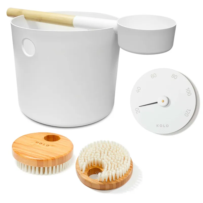 Markenware SET> KOLO Sauna Kübel, Kelle weiß + Thermometer + Bürste