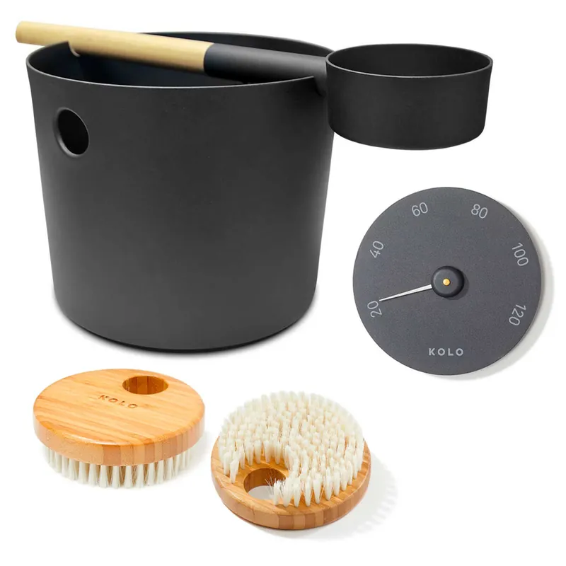 SET> KOLO Sauna Kübel, Kelle schwarz + Thermometer + Bürste Highlight