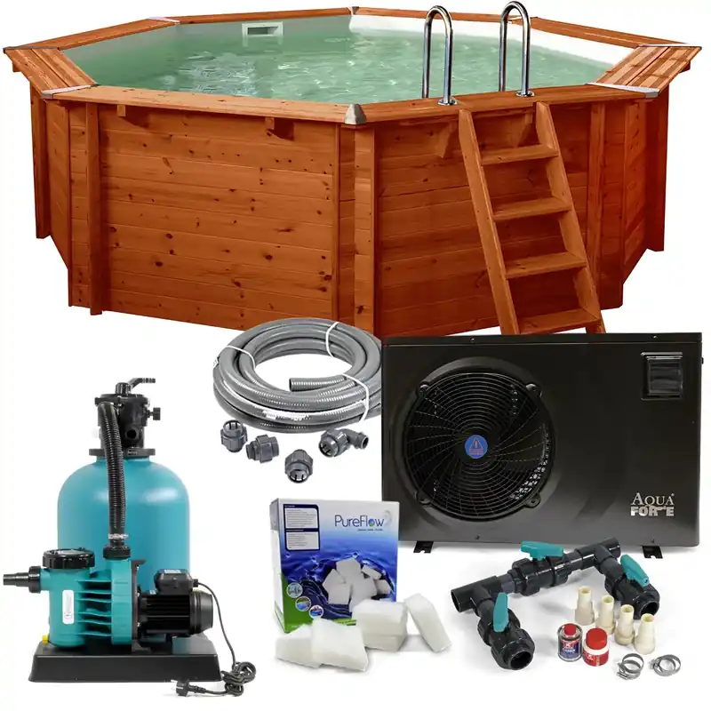 SET ''L''> Sumatra rund 8-Eck Massivholzpool 5,30 x 1,38m Knallerangebot