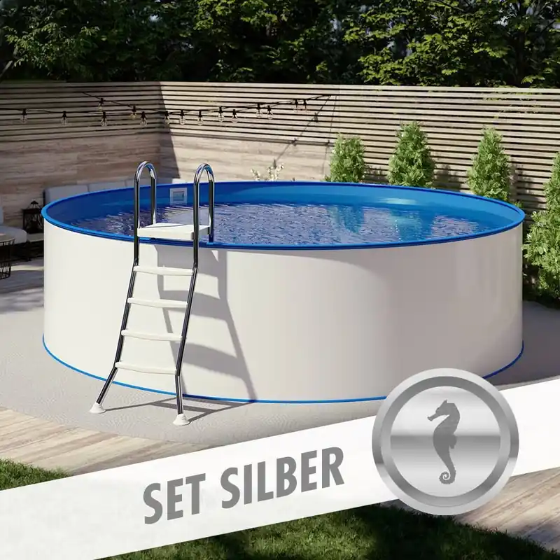 Rundpool-Set SILBER Ø 5,00 x 1,20 m, Folie blau 0,80 mm, aufgestellt Preisreduziert