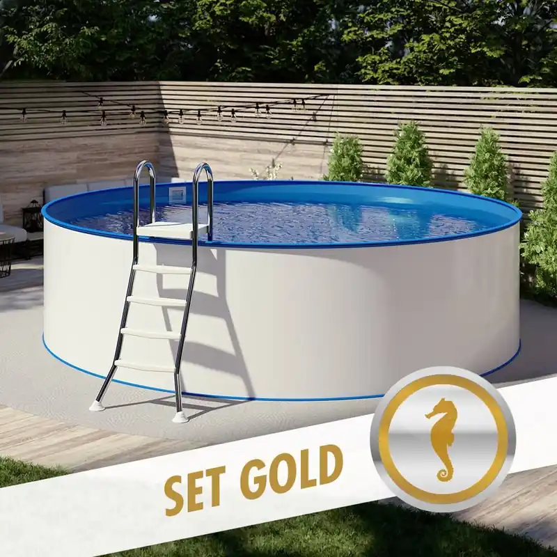 Preiswert Rundpool-Set GOLD Ø 5,00 x 1,20 m, Folie blau 0,80 mm, aufgestellt