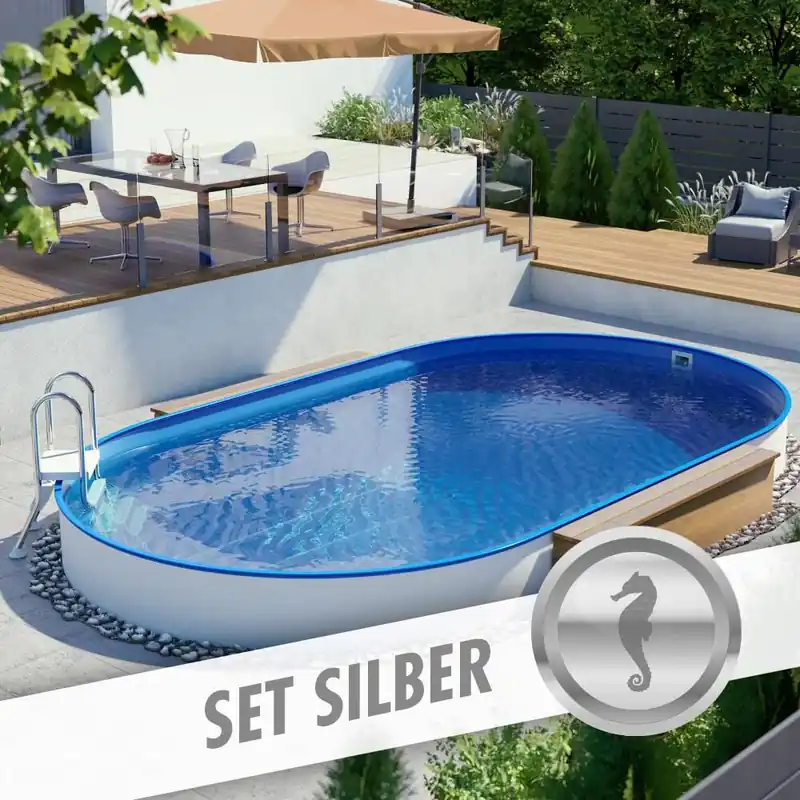 Saisonangebot Ovalpool-Set SILBER 4,90 x 3,00 x 1,20 m, Folie blau 0,80 mm, teileingelassen