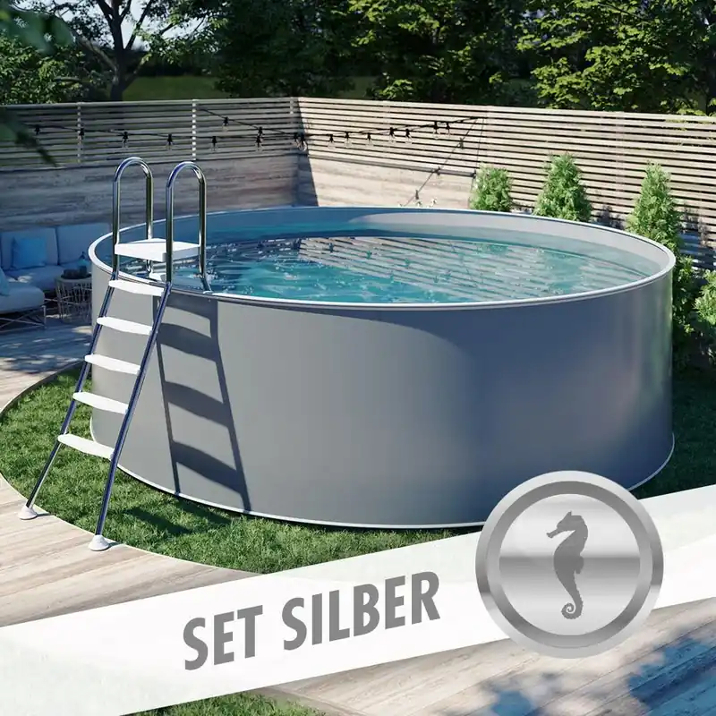 Saisonangebot Rundpool-Set SILBER Ø 4,00 x 1,20 m anthrazit, Folie grau, aufgestellt