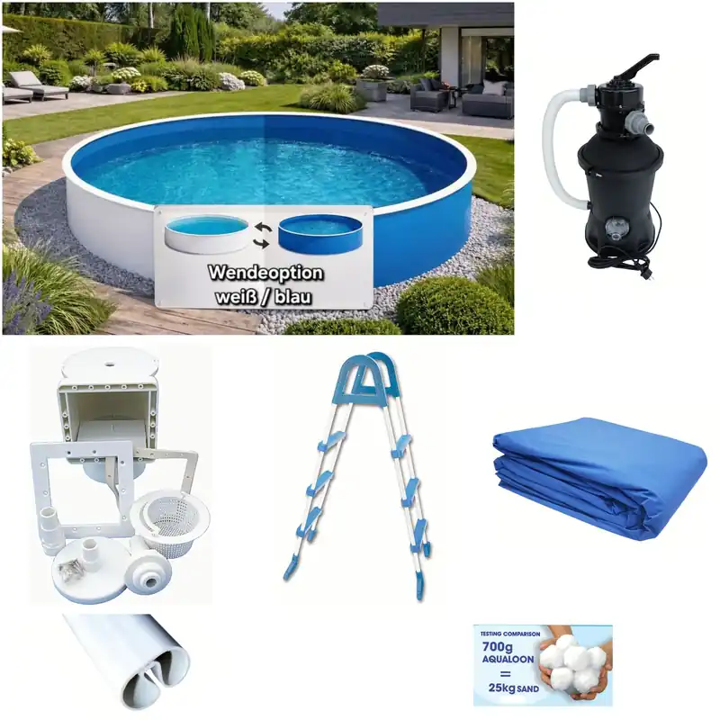 Stahlwandpool-Set weiß/blau 4,60 m x 0,90 m mit Sandfilteranlage, Leiter, Skimmer, Aqualoon Billig