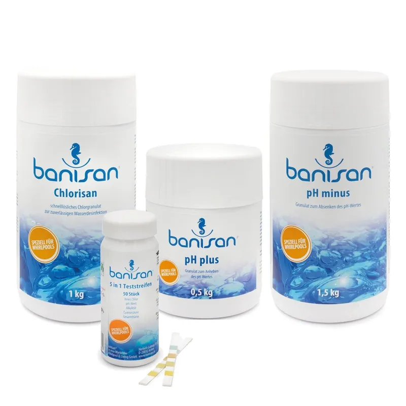 Banisan im Sparset 1x Chlorisan Chlorgranulat 1 kg, 1x pH Minus 1,5 kg, 1x pH Plus 500 g & 50 Teststreifen Preisknaller